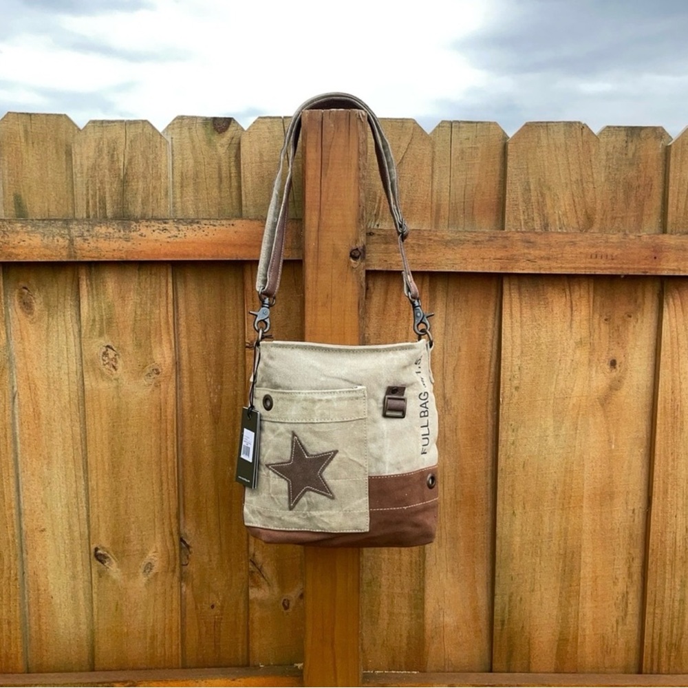 Myra Bag Leather Star Tan and Brown Crossbody Canvas and Leather New With Tags - Picture 5 of 11